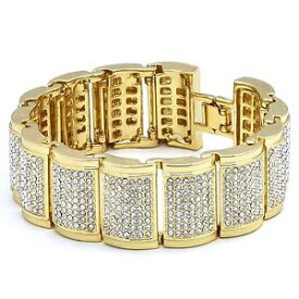 【送料無料】ブレスレット　アクセサリ—　ドームリンクczホップブレスレット9mens gold plated dome link iced out clear cz stones hip hop bracelet 9 inches