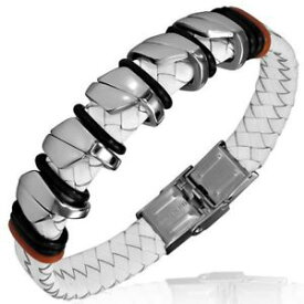 【送料無料】ブレスレット　アクセサリ—　ステンレススチールレザーメンズブレスレットstainless steel white braided leather mens bracelet
