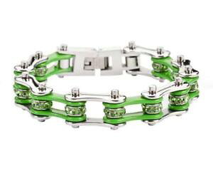yzuXbg@ANZT?@I[goCXeXoCN`F[uXbgladies silver tone green motorcycle stainless steel crystal bike chain bracelet