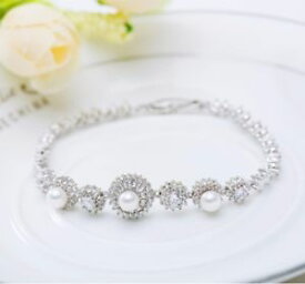 【送料無料】ブレスレット　アクセサリ—　ラウンドブライダルブレスレットwhite round pearl wedding silver crystal party gift anniversary bridal bracelet