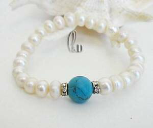 �y���������z�u���X���b�g�@�A�N�Z�T��?�@�V�b�N�^�[�R�C�Y�u���X���b�gchic white genuine pearlsamp; natural turquoise bracelet au seller b0525