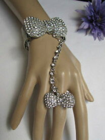 【送料無料】ブレスレット　アクセサリ—　ボウブレスレットチェーンブリングスレーブリングwomen bow bracelet silver metal hand chain bling rhinestones slave charm ring
