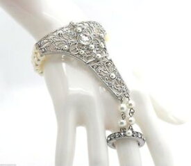 【送料無料】ブレスレット　アクセサリ—　パールクリスタルブレスレットリングスレーブシルバートーン pearl crystal bracelet ring slave women silver tone