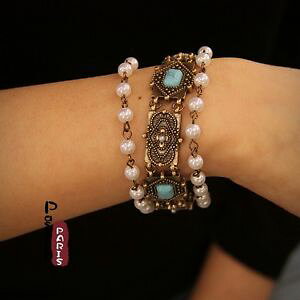 �y���������z�u���X���b�g�@�A�N�Z�T��?�@�u���X���b�g�p�[���^�[�R�C�Y���g�����_���I���W�i��bracelet multirank pearl turquoise retro modern original evening marriage ct4