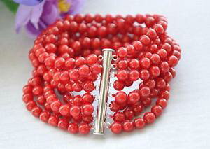 �y���������z�u���X���b�g�@�A�N�Z�T��?�@�r�[�Y�u���X���b�g 8 rows 6 mm natural science red coral beaded bracelet 75