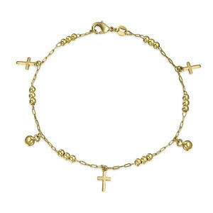�y���������z�u���X���b�g�@�A�N�Z�T��?�@�S�[���h���b�L�N���X�r�[�Y18k gold plated brass dangling 5mm cross beads religious anklet 10in