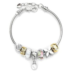 �y���������z�u���X���b�g�@�A�N�Z�T��?�@�K���X�r�[�Y�u���X���b�g�N���Asilver plated heart flower clear crystals glass beads charms bracelets