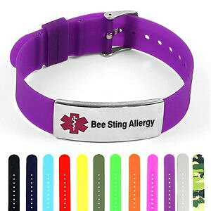 yzuXbg@ANZT?@VR|bVX`[^OuXbgidtagged silicone medical alert bee sting polished steel tag id bracelet