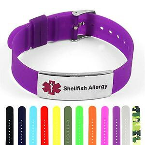 yzuXbg@ANZT?@VR|bVX`[^OuXbgidtagged silicone medical alert shellfish allergy polished steel tag id bracelet