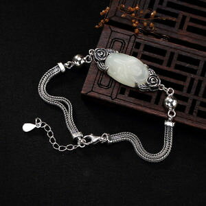 �y���������z�u���X���b�g�@�A�N�Z�T��?�@hetianlisting925�X�^�[�����O���B���e�[�W listing925 sterling silver natural hetian jade white jade inlaid rose vintage bracelet