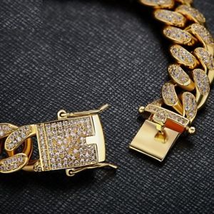 ブレスレット　アクセサリ―　ヒップホップブリングインチマイアミチェーンリンクゴールドブレスレットアウトアイスiced out hip hop bling 8inch 12mm miami curb chain link gold bracelet 10ct cz - 1