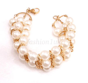 ブレスレット　アクセサリ―　イエローゴールドホワイトパールビーズブレスレット18k yellow gold plated white pearl bead wedding 205cm bracelet uk
