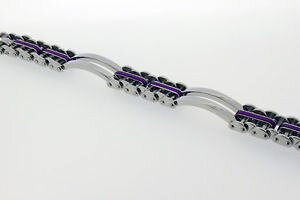 yzuXbg@ANZT?@XeXX`[pluXbgbLX`[2 panel bracelet in stainless steel with purple plated steel interlinks