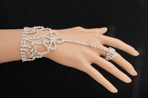 yzuXbg@ANZT?@tBI[AWFg[_X^Cdonna bracciale catenella mano fiore argento strass moda stile schiava anello