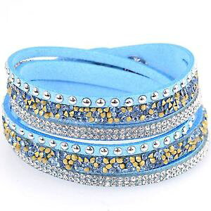 �y���������z�u���X���b�g�@�A�N�Z�T��?�@�_�u�����b�v���C���X�g�[��double wrap slake bracelet round sky blue crystal rhinestone shiny