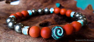 �y���������z�u���X���b�g�@�A�N�Z�T��?�@w�M���V���g���Rred jasper mate and pyrite bead bracelet w greek patina spiral and turquoise
