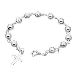 【送料無料】ブレスレット　アクセサリ—　スターリングシルバービードクロスチャームブレスレットwomen sterling silver 6mm bead plain cross charm rosary bracelet