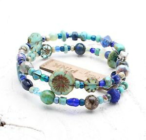 yzuXbg@ANZT?@`FRKXbvuXbgartisan czech glass flower bead wrap bracelet sea gems navy blue turquoise green