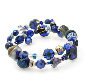 �y���������z�u���X���b�g�@�A�N�Z�T��?�@�`�F�R�K���X�t�����[�r�[�Y�_�u���u���X���b�g���b�vartisan czech glass flower bead double wrap bracelet sea navy blue amp; silver bnwt
