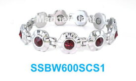 【送料無料】ブレスレット　アクセサリ—　ダークシルバーステンレススティールブレスレットルビーレッドdark ruby red crystals on silver flowers women magnetic stainless steel bracelet