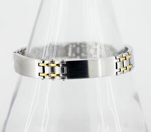 yzuXbg@ANZT?@YXeXX`[gvpluXbgS[hmens triple id panel bracelet in stainless steel with gold interlinks