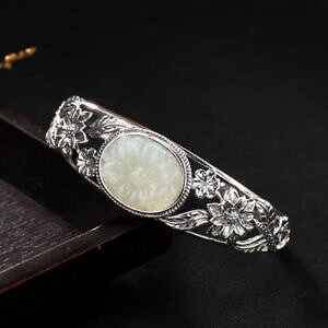 �y���������z�u���X���b�g�@�A�N�Z�T��?�@�z���C�g�u���X���b�g925 sterling silver inlaid with hetian jade white jade lotus open bracelet