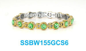 �y���������z�u���X���b�g�@�A�N�Z�T��?�@�e�j�X�X�e�����X�X�`�[�������N�u���X���b�g�S�[���hgreen crystals women tennis magnetic 316l stainless steel link gold bracelet
