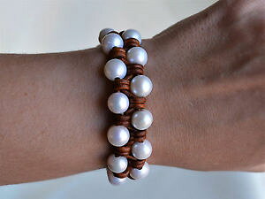 �y���������z�u���X���b�g�@�A�N�Z�T��?�@�p�[���J�t�u���X���b�g�t�@�b�V�����W���G���[pearl leather handwoven cuff bracelet boho handmade fashion jewelry 75 yevga