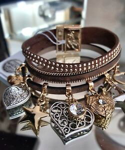 yzuXbg@ANZT?@rruEU[XghuXbgXtXL[NX^bibi bijoux brown leather 3 strand charm bracelet with swarovski crystals bnwt