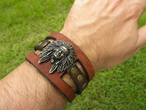 �y���������z�u���X���b�g�@�A�N�Z�T��?�@�C���f�B�I���K��cabeza de indio colgante puo hombre pulsera bison cuero bonito regalo