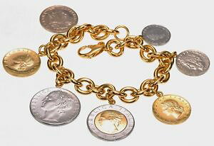 �y���������z�u���X���b�g�@�A�N�Z�T��?�@�C�^���A�����X�^�[�����O14k128italian lire coin sterling silver and 14k gold clad bracelet 812 long