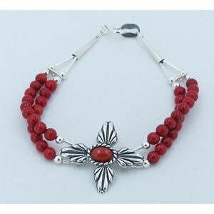 yzuXbg@ANZT?@XghX^[OVo[IWbhR[NXr[YuXbg2 strand 925 sterling silver genuine orange red coral cross beaded bracelet