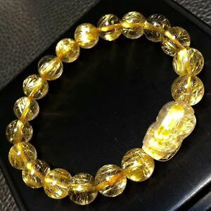 �y���������z�u���X���b�g�@�A�N�Z�T��?�@�S�[���h���`���r�[�h�u���X���b�g listingnatural gold rutilated quartz crystal pi xiu bead wealth bracelet 20x12mm aaaaa