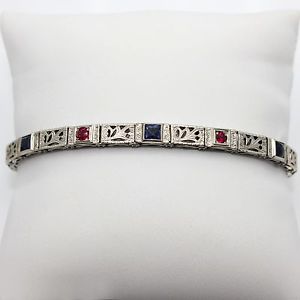 ブレスレット　アクセサリ―　ｋホワイトゴールドビンテージブレスレットサファイアルビー14k white gold vintage filigree bracelet with synthetic sapphire and ruby