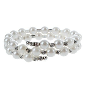 �y���������z�u���X���b�g�@�A�N�Z�T��?�@���f�B�[�X�p�[���N���X�^�����C���X�g�[���z���C�g�u���X���b�g10xladies gift pearl bracelet with crystal rhinestone white 2 strand i6c3