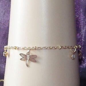 【送料無料】ブレスレット　アクセサリ?　キッズブレスレットリンクチェーントンボ kids gold alloy bracelet 2mm rolo link chain dangling dragonflies amp; crystals