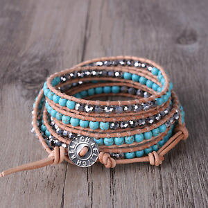 �y���������z�u���X���b�g�@�A�N�Z�T��?�@5bohemian synthetic stone bead brown leather chain 5 wrap handmade charm bracelet