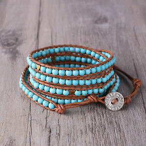 �y���������z�u���X���b�g�@�A�N�Z�T��?�@���U�[�`�F�[���X�g�[���u���X���b�g5leather chain natural green stone beaded bracelet heart beads 5 wrap handmade