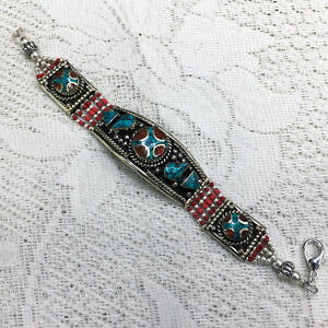 �y���������z�u���X���b�g�@�A�N�Z�T��?�@�r���e�[�W�V���o�[�l�p�[���`�x�b�g�^�[�R�C�Y�u���X���b�gvintage silver nepali tibetan turquoise bracelet
