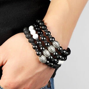 �y���������z�u���X���b�g�@�A�N�Z�T��?�@�X�g�[���u���X���b�g�p�[��semiprecious stone bracelets lava onxy howlite pearl stretchy handmadela3
