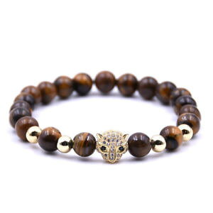 �y���������z�u���X���b�g�@�A�N�Z�T��?�@�^�C�K�[�A�C�w�b�h�u���X���b�g8mm natural tiger eye stone inlaid silvery leopard head bracelet