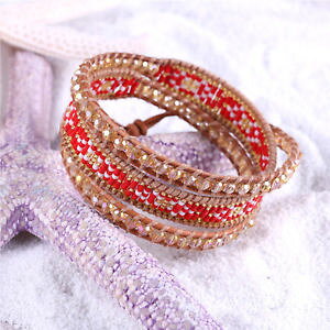 �y���������z�u���X���b�g�@�A�N�Z�T��?�@�V�[�h�r�[�Y�N���X�^���r�[�Y���b�v���U�[�`�F�[���u���X���b�gred stone seed beadsamp;bright crystal beaded 3 wrap leather chain charm bracelet