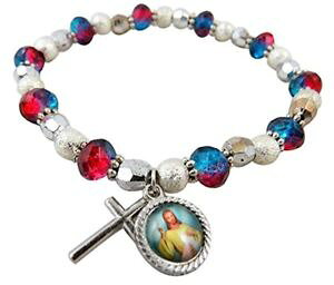 �y���������z�u���X���b�g�@�A�N�Z�T��?�@�A�N�������U���I�u���X���b�gconfirmation red and blue acrylic bead rosary bracelet with divine mercy charm