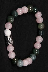 �y���������z�u���X���b�g�@�A�N�Z�T��?�@�R�P���m�E�r�[�Y�S���u���X���b�g�r�[�Y listingrose quartz,howlite and moss agate beads with budha metal beads rubber bracelet