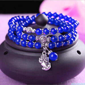 �y���������z�u���X���b�g�@�A�N�Z�T��?�@�r�[�Y�u���X���b�gnatural blue chalcedony three laps silver pixiu 108 buddhism bead bracelet