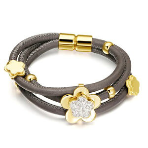 �y���������z�u���X���b�g�@�A�N�Z�T��?�@hardart womens3�X�e�����X�u���X���b�ghardart womens triple layer full stone flowers stainless steel leather bracelet