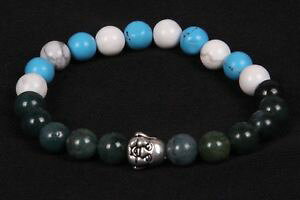 �y���������z�u���X���b�g�@�A�N�Z�T��?�@�^�[�R�C�Y�g���R�R�P���m�E�r�[�Y�u���X���b�gturquoise,moss agate and howlite with laughing bhudha metal beaded bracelet