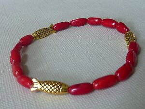 �y���������z�u���X���b�g�@�A�N�Z�T��?�@�p�[���u���X���b�g7088coral pearl stretch bracelet with fish gold red 7088