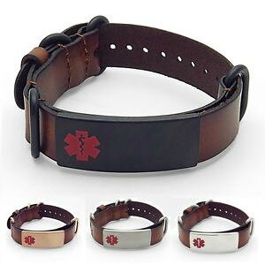 yzuXbg@ANZT?@idtaggediduXbgXeX^Oidtagged adjustable brown leather medical alert id bracelet stainless steel tag