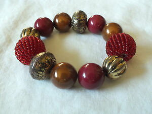 �y���������z�u���X���b�g�@�A�N�Z�T��?�@�X�g���b�`�u���X���b�g�S�[���h�g�[���J�b�p�[���b�h�r�[�Y×beautiful stretch bracelet gold tone copper red beads 78 wide x 2 unstretched